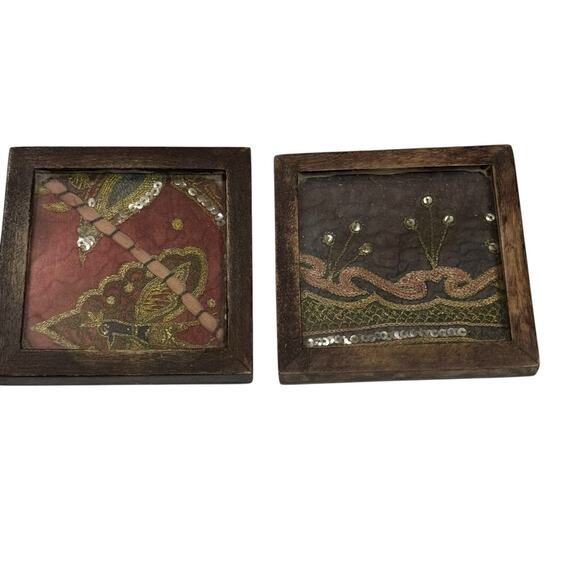 Boho Decorated Silk Cloth Fragment Set Of 2 Wood And Glass Coasters - Picture 1 of 4